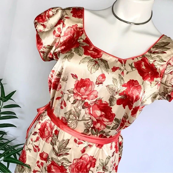 v i n t a g e :: Silky Handmade Floral Rose Flower Satin Dress - Picture 2 of 13